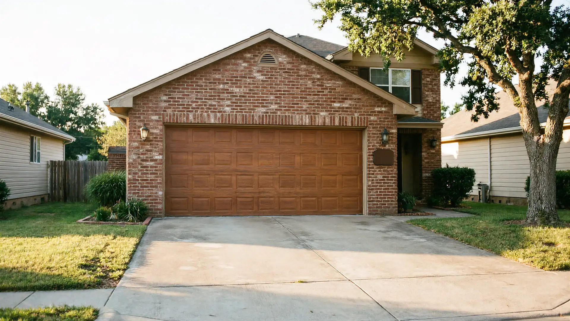 The house has a brown garage door, a brick facade, and a large tree.