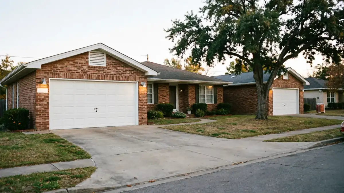 Two brick houses with white garage doors and driveways are visible from the street.