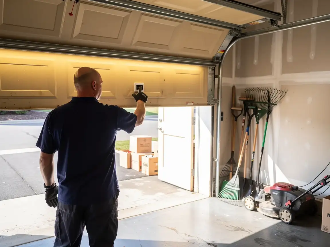 A technician in gloves adjusts a light strip on an open garage door.