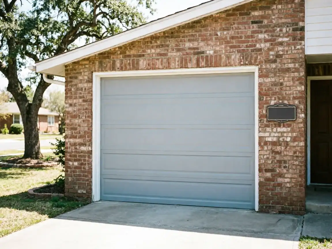 The house has a gray garage door and a brick facade.
