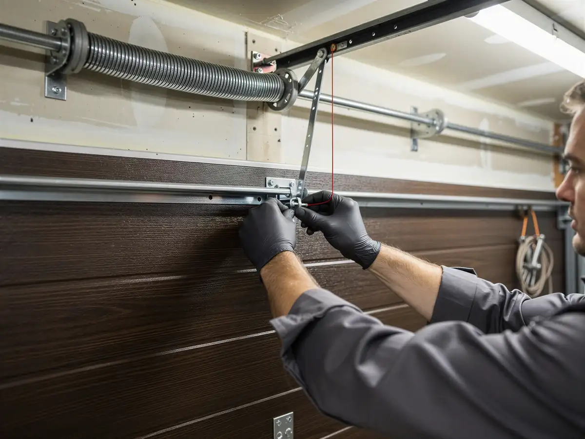 A technician in black gloves works on a brown garage door and a torsion spring.