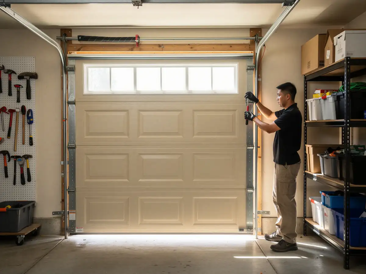 A technician in black gloves adjusts a beige garage door with windows.